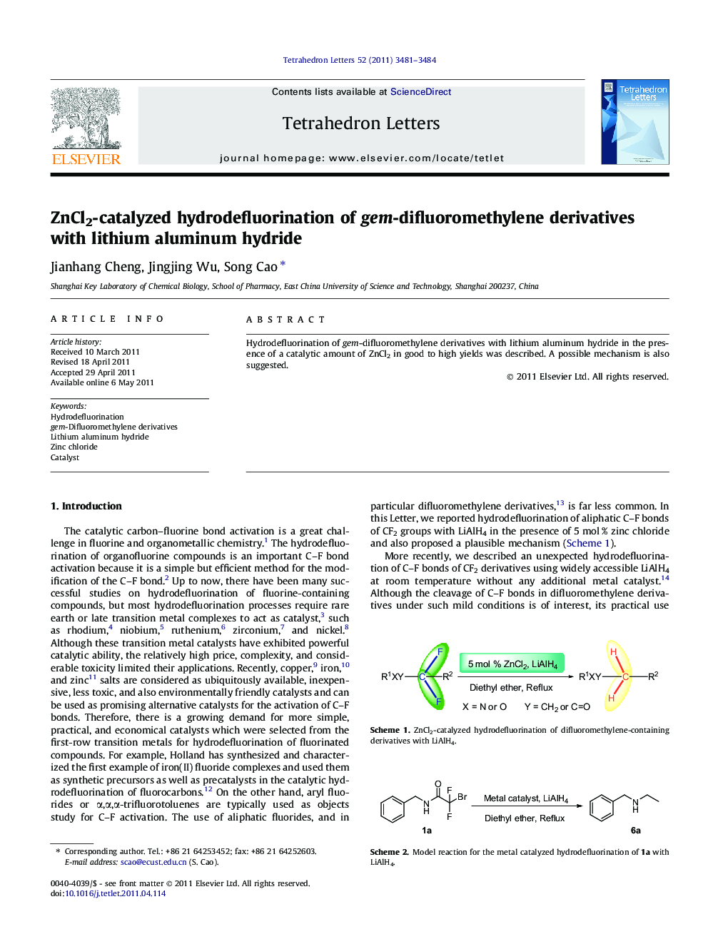 ZnCl2-catalyzed hydrodefluorination of gem-difluoromethylene derivatives with lithium aluminum hydride