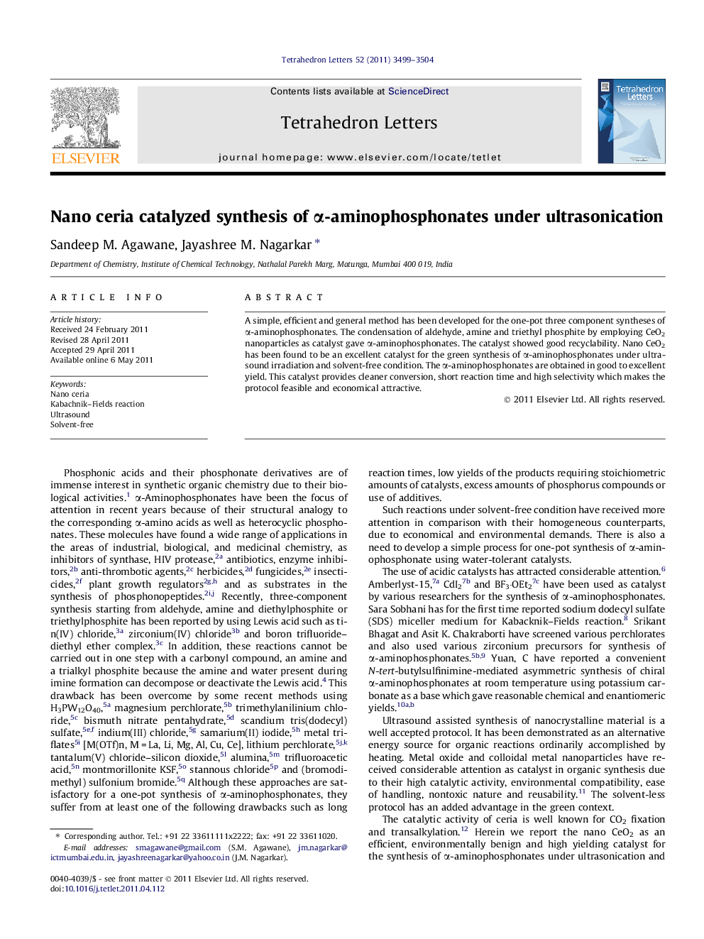 Nano ceria catalyzed synthesis of Î±-aminophosphonates under ultrasonication
