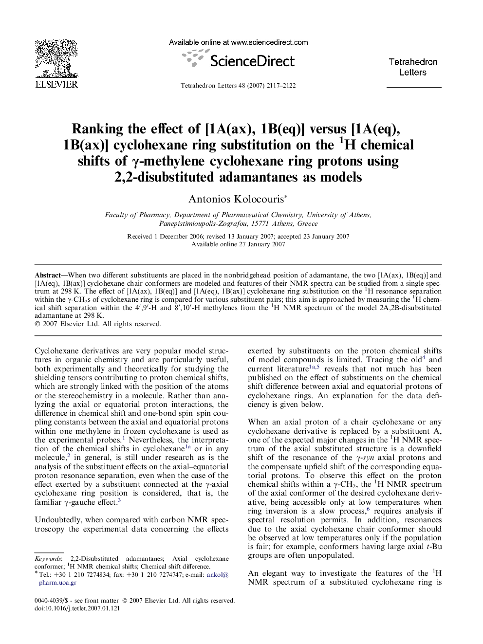 Ranking the effect of [1A(ax), 1B(eq)] versus [1A(eq), 1B(ax)] cyclohexane ring substitution on the 1H chemical shifts of Î³-methylene cyclohexane ring protons using 2,2-disubstituted adamantanes as models