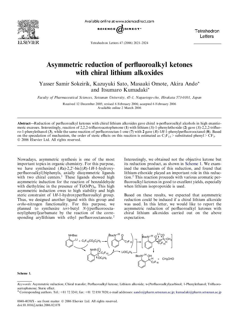 Asymmetric reduction of perfluoroalkyl ketones with chiral lithium alkoxides