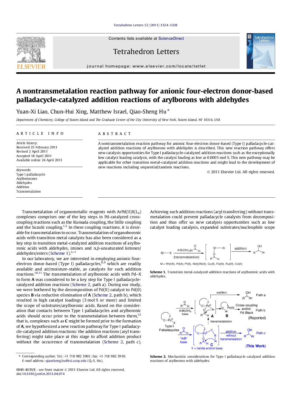 A nontransmetalation reaction pathway for anionic four-electron donor-based palladacycle-catalyzed addition reactions of arylborons with aldehydes