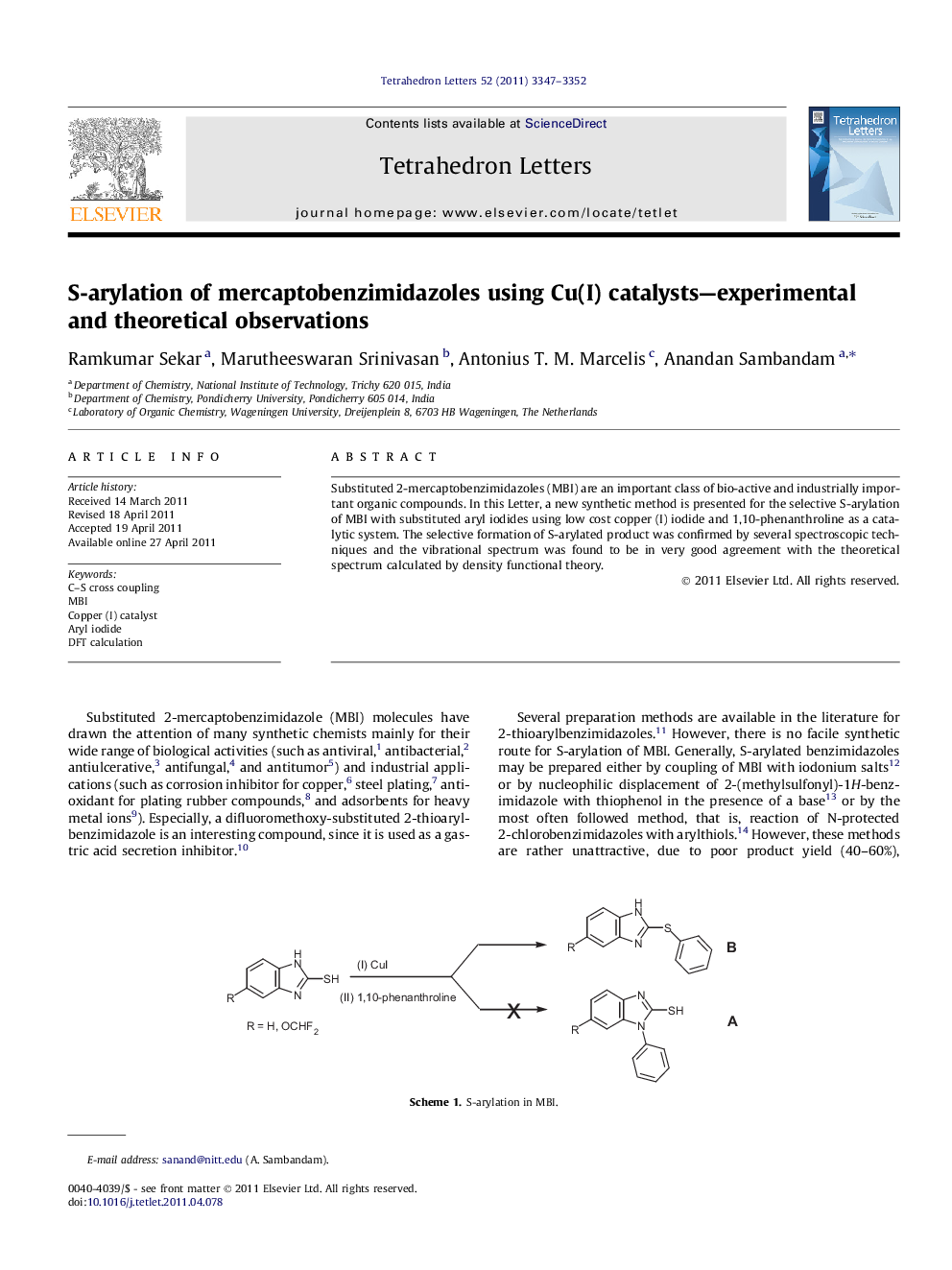 S-arylation of mercaptobenzimidazoles using Cu(I) catalysts-experimental and theoretical observations