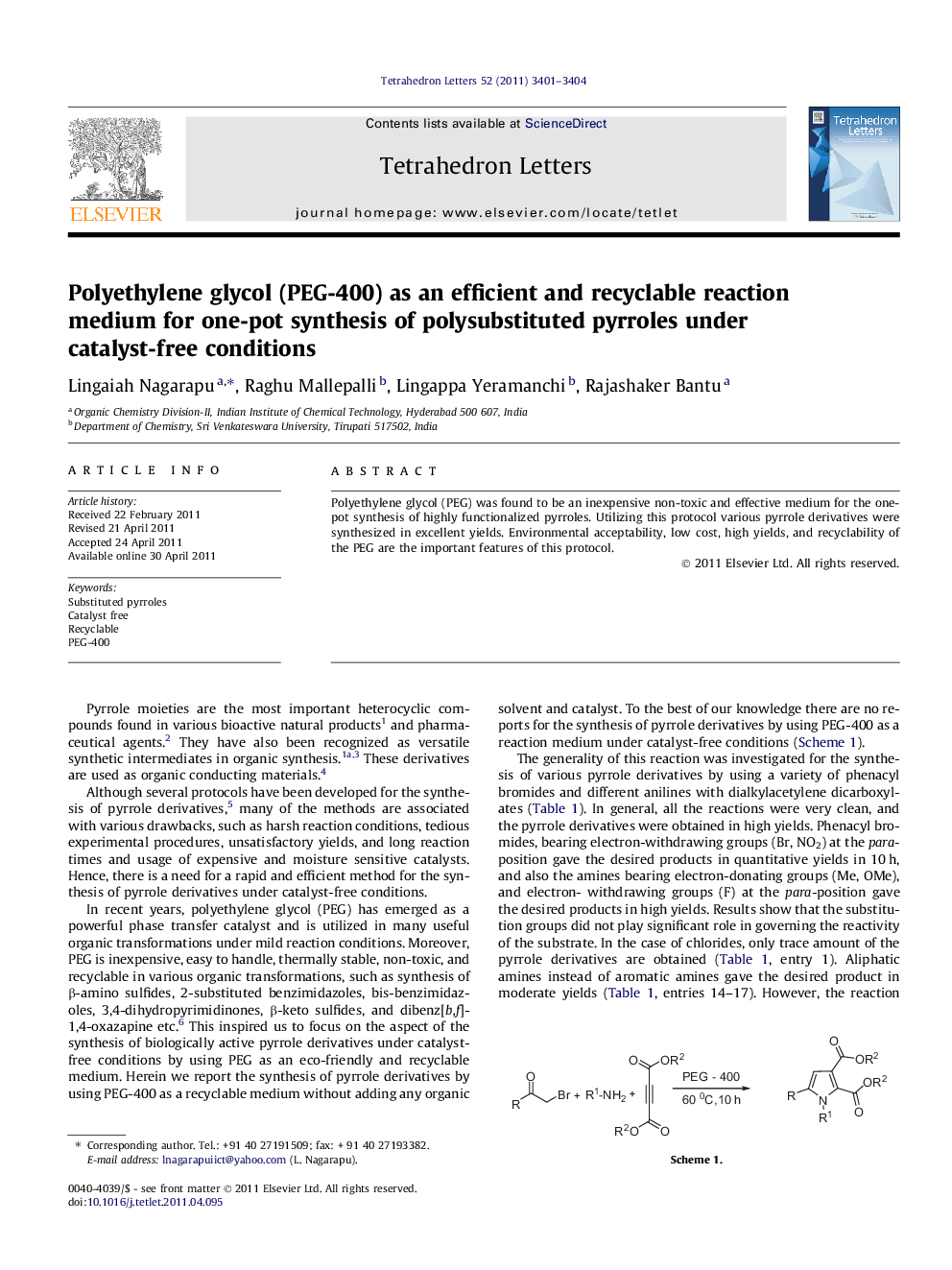 Polyethylene glycol (PEG-400) as an efficient and recyclable reaction medium for one-pot synthesis of polysubstituted pyrroles under catalyst-free conditions