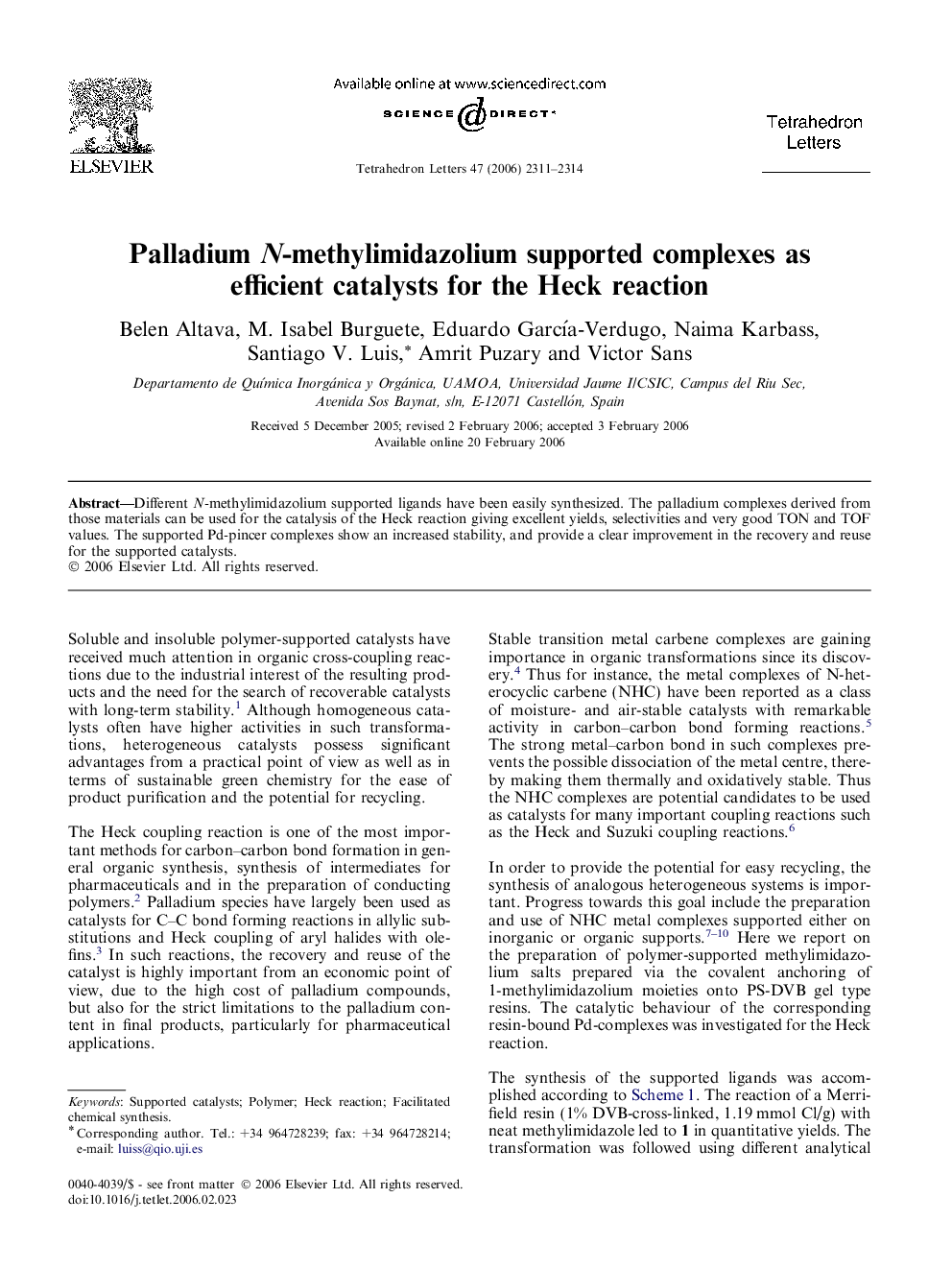 Palladium N-methylimidazolium supported complexes as efficient catalysts for the Heck reaction