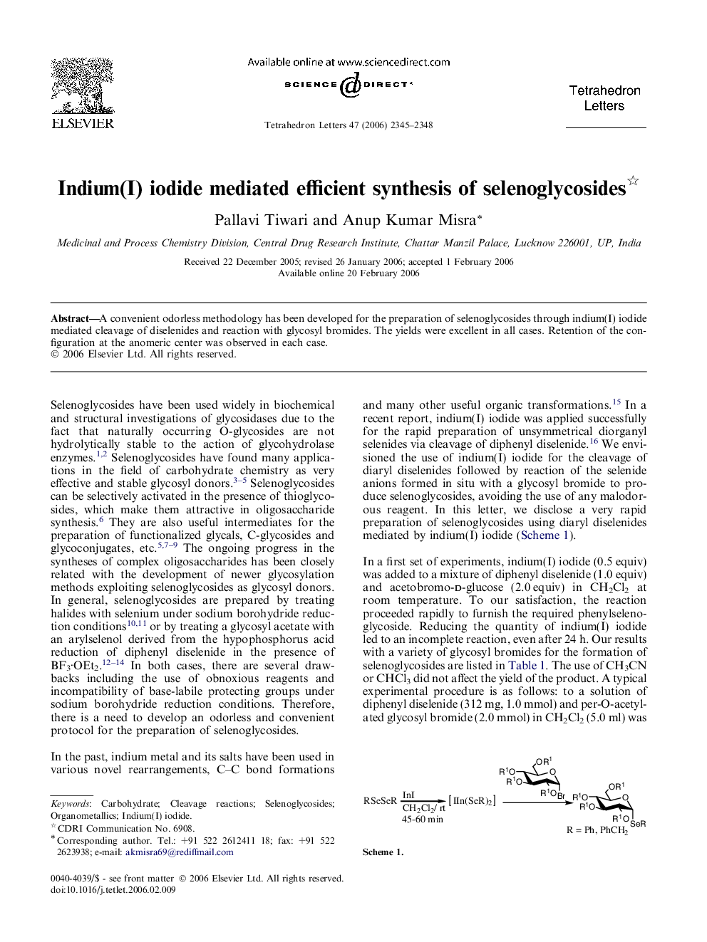 Indium(I) iodide mediated efficient synthesis of selenoglycosides