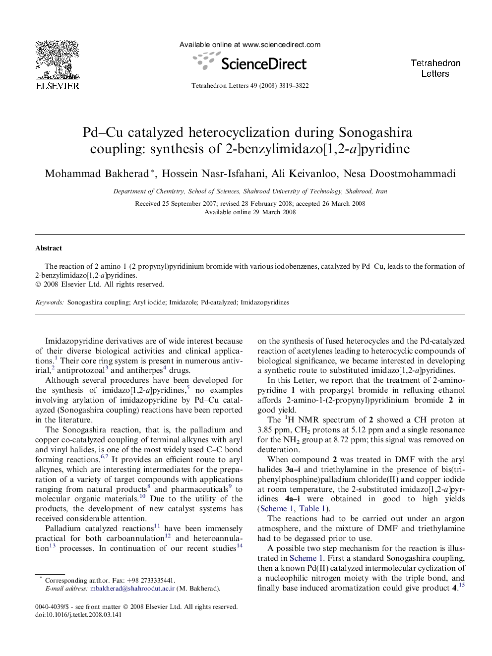 Pd-Cu catalyzed heterocyclization during Sonogashira coupling: synthesis of 2-benzylimidazo[1,2-a]pyridine