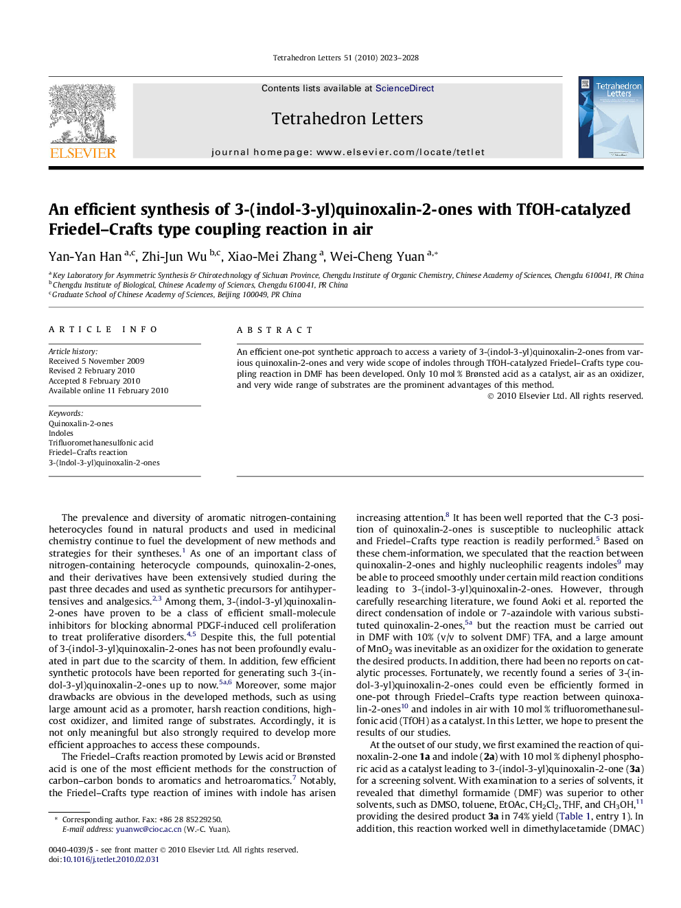 An efficient synthesis of 3-(indol-3-yl)quinoxalin-2-ones with TfOH-catalyzed Friedel-Crafts type coupling reaction in air