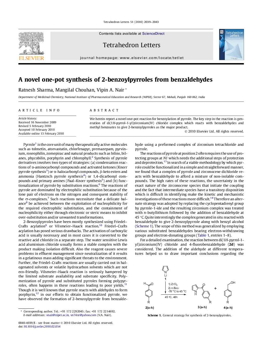 A novel one-pot synthesis of 2-benzoylpyrroles from benzaldehydes