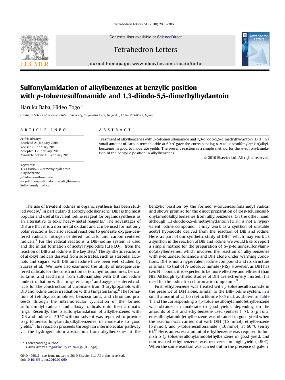 Sulfonylamidation of alkylbenzenes at benzylic position with p-toluenesulfonamide and 1,3-diiodo-5,5-dimethylhydantoin