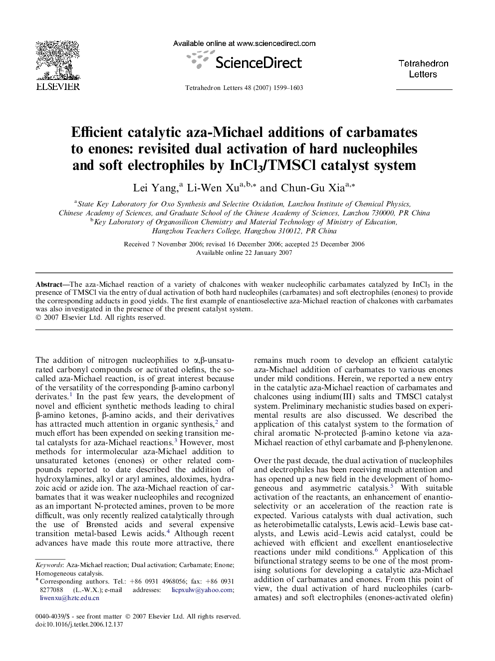 Efficient catalytic aza-Michael additions of carbamates to enones: revisited dual activation of hard nucleophiles and soft electrophiles by InCl3/TMSCl catalyst system