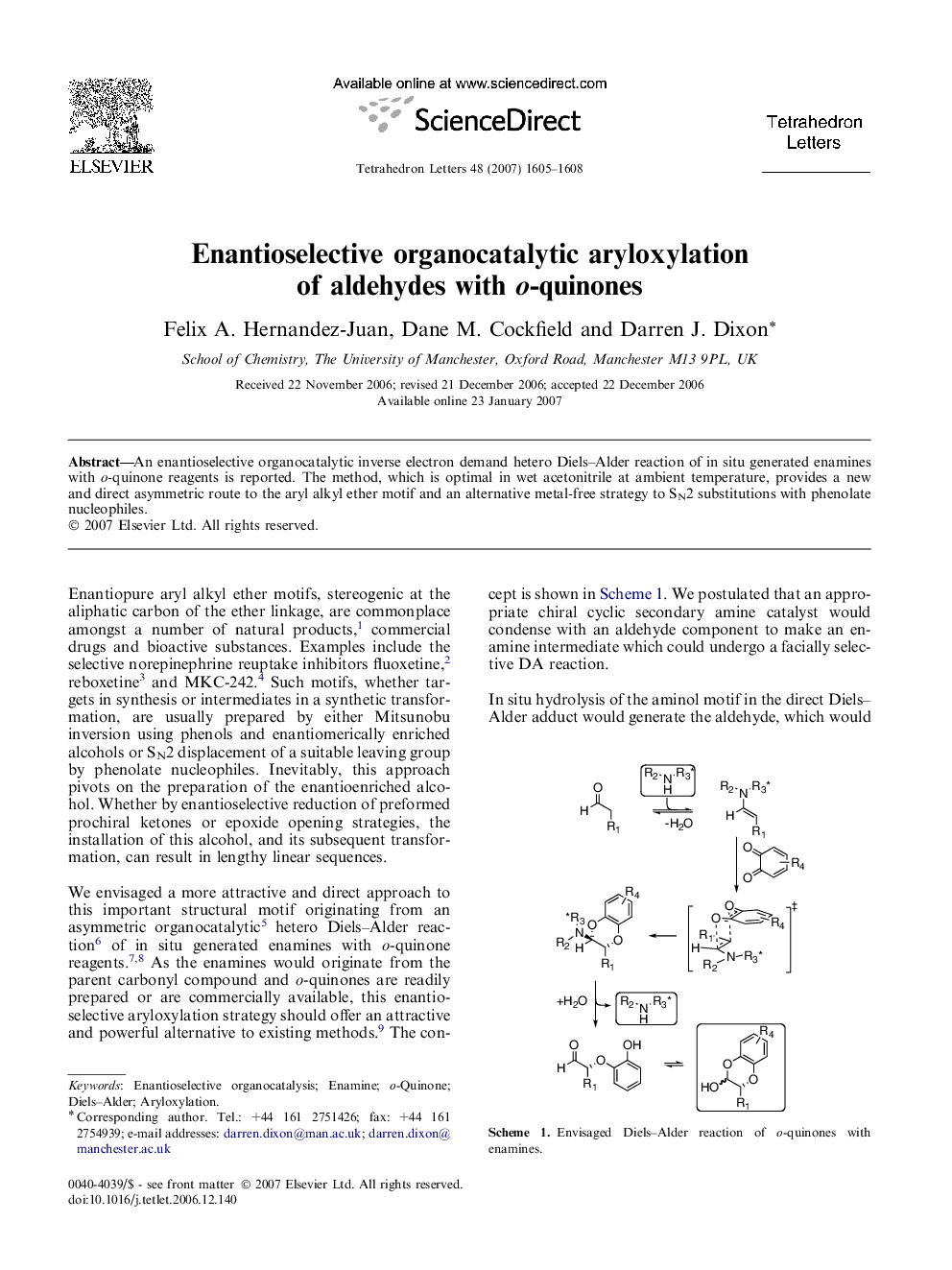 Enantioselective organocatalytic aryloxylation of aldehydes with o-quinones