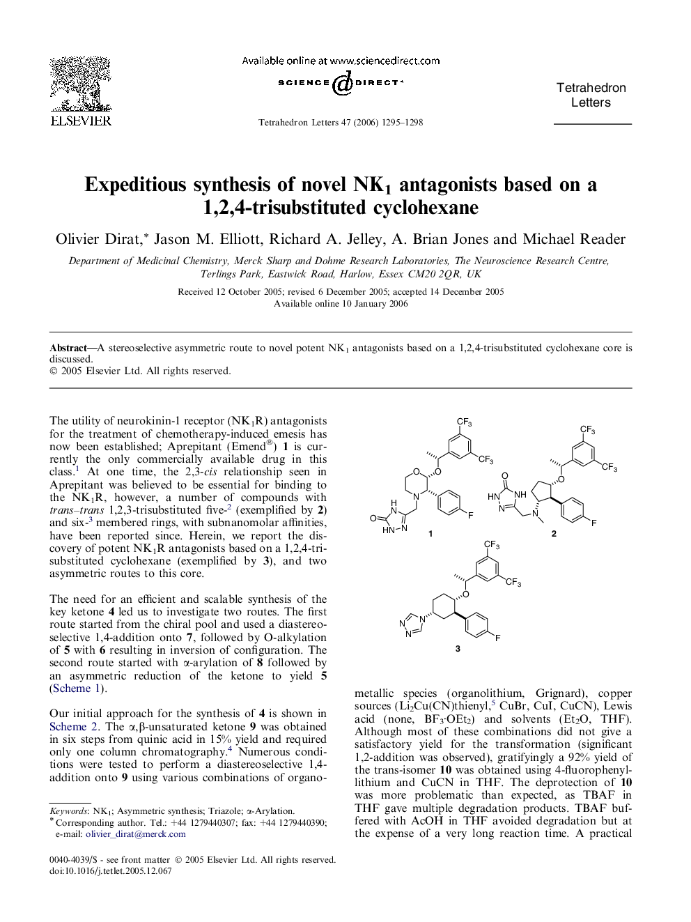 Expeditious synthesis of novel NK1 antagonists based on a 1,2,4-trisubstituted cyclohexane