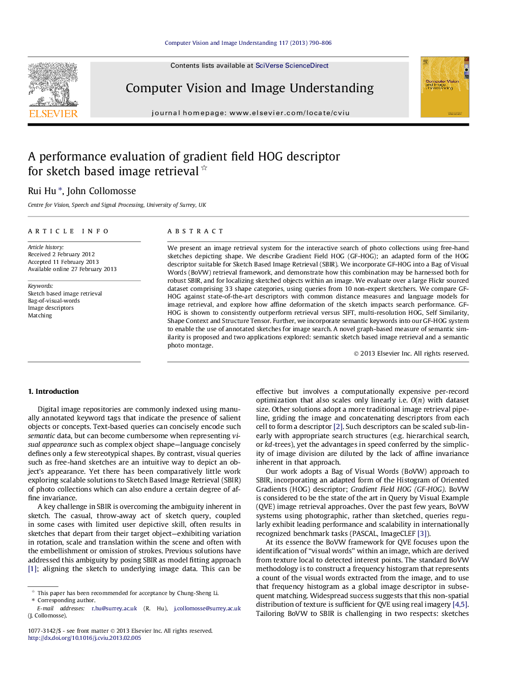 A performance evaluation of gradient field HOG descriptor for sketch based image retrieval 