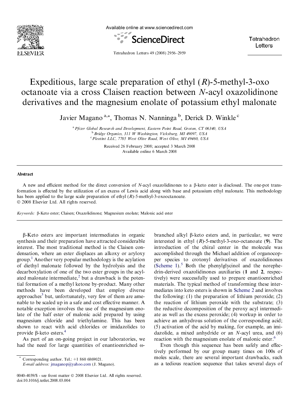 Expeditious, large scale preparation of ethyl (R)-5-methyl-3-oxo octanoate via a cross Claisen reaction between N-acyl oxazolidinone derivatives and the magnesium enolate of potassium ethyl malonate