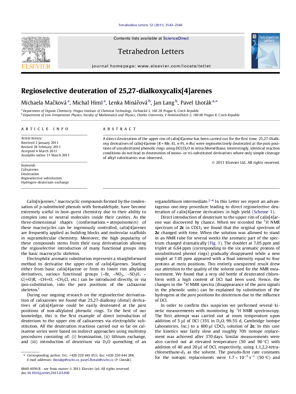 Regioselective deuteration of 25,27-dialkoxycalix[4]arenes