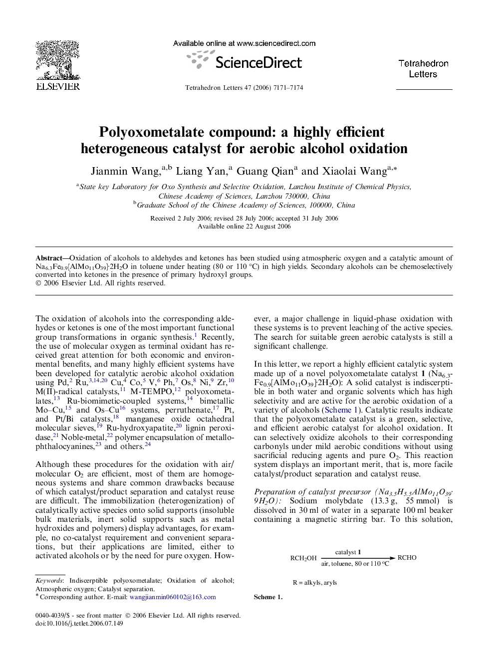 Polyoxometalate compound: a highly efficient heterogeneous catalyst for aerobic alcohol oxidation