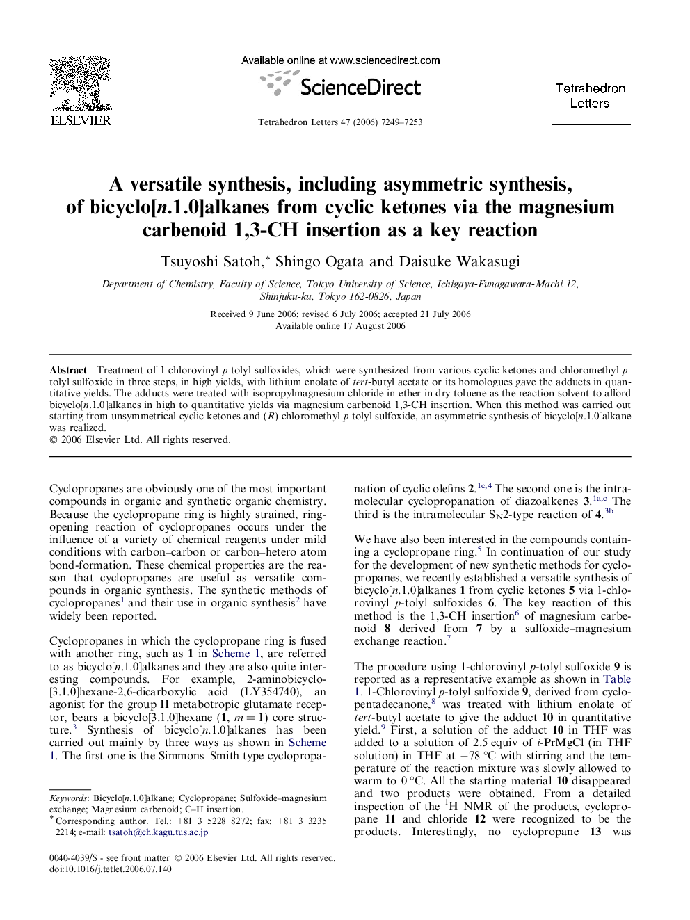 A versatile synthesis, including asymmetric synthesis, of bicyclo[n.1.0]alkanes from cyclic ketones via the magnesium carbenoid 1,3-CH insertion as a key reaction