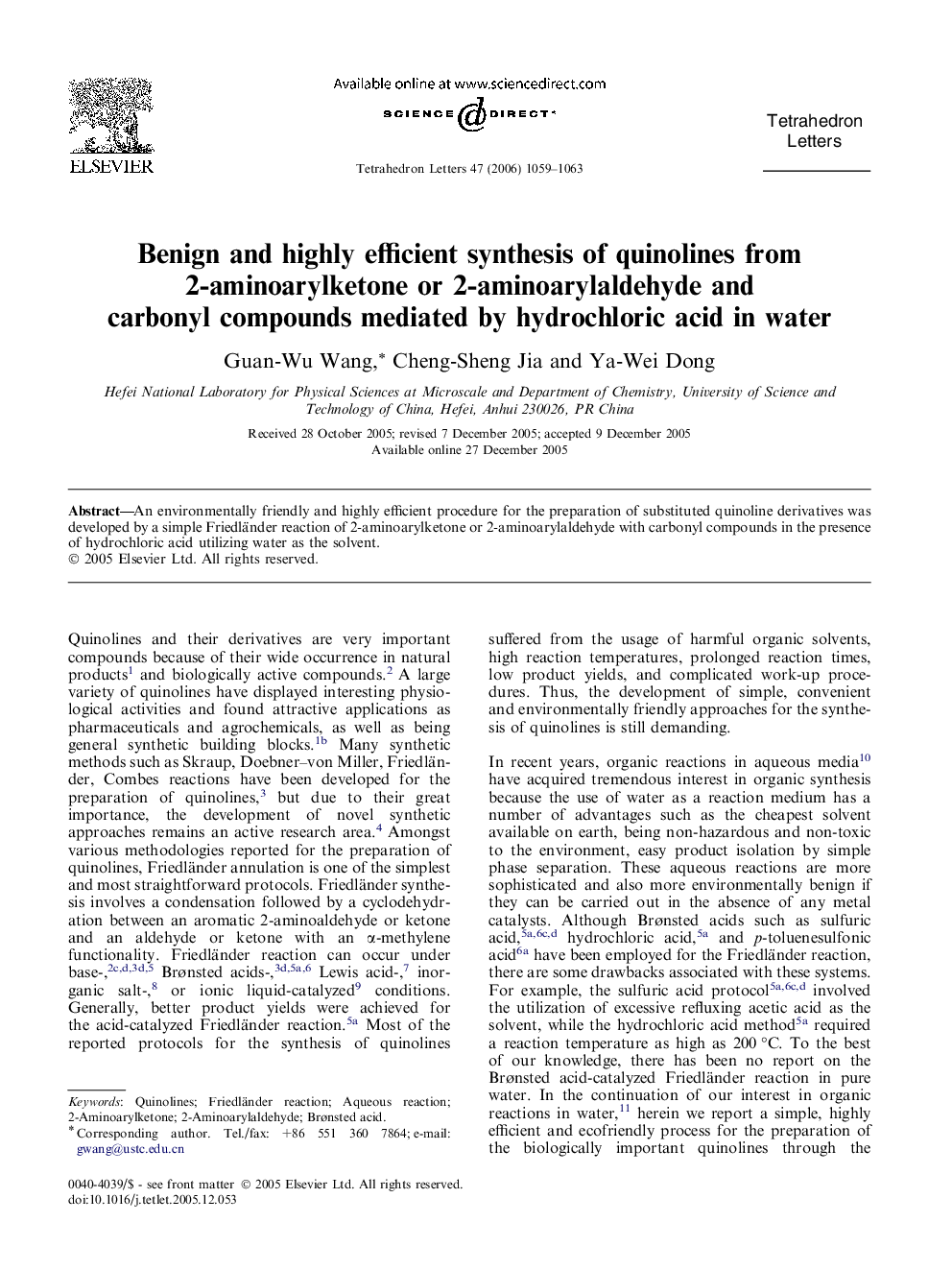 Benign and highly efficient synthesis of quinolines from 2-aminoarylketone or 2-aminoarylaldehyde and carbonyl compounds mediated by hydrochloric acid in water