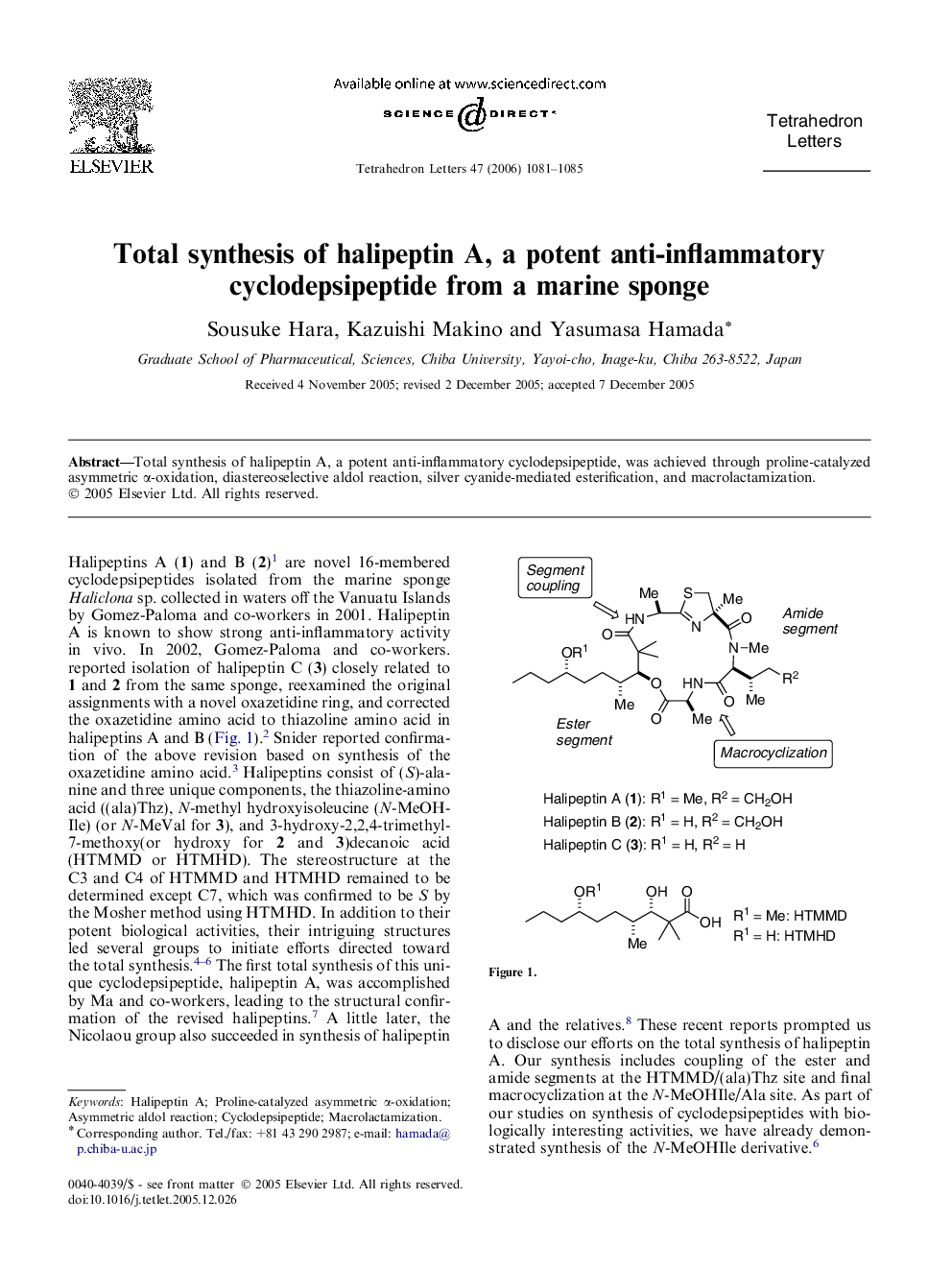 Total synthesis of halipeptin A, a potent anti-inflammatory cyclodepsipeptide from a marine sponge