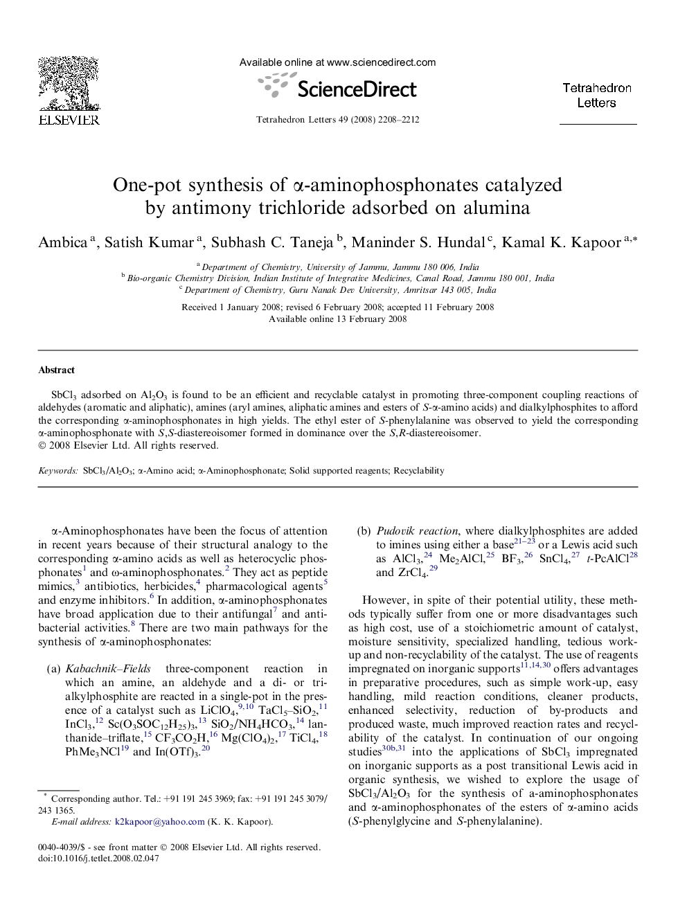 One-pot synthesis of Î±-aminophosphonates catalyzed by antimony trichloride adsorbed on alumina