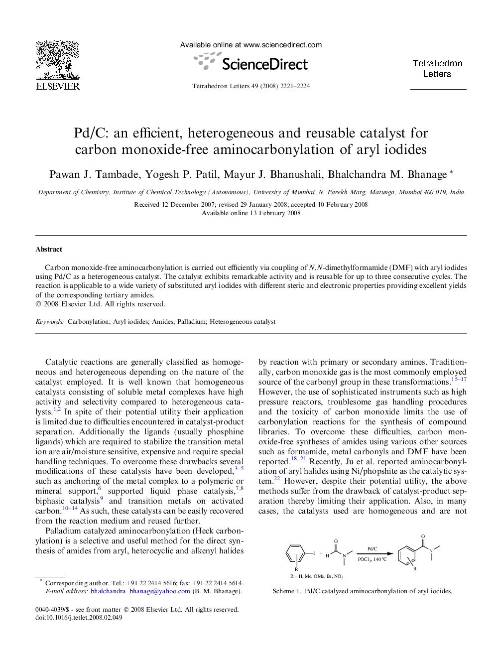 Pd/C: an efficient, heterogeneous and reusable catalyst for carbon monoxide-free aminocarbonylation of aryl iodides