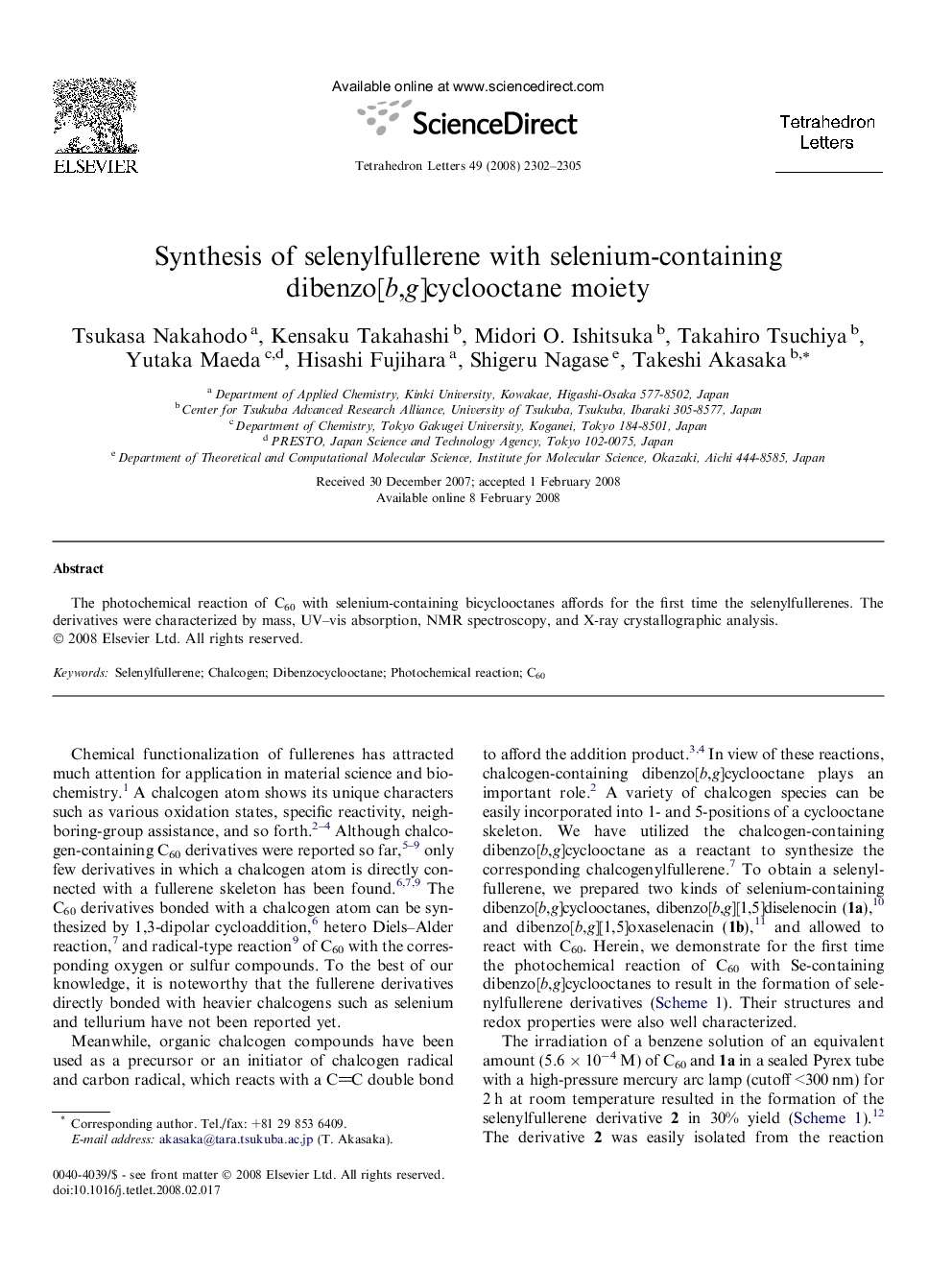 Synthesis of selenylfullerene with selenium-containing dibenzo[b,g]cyclooctane moiety