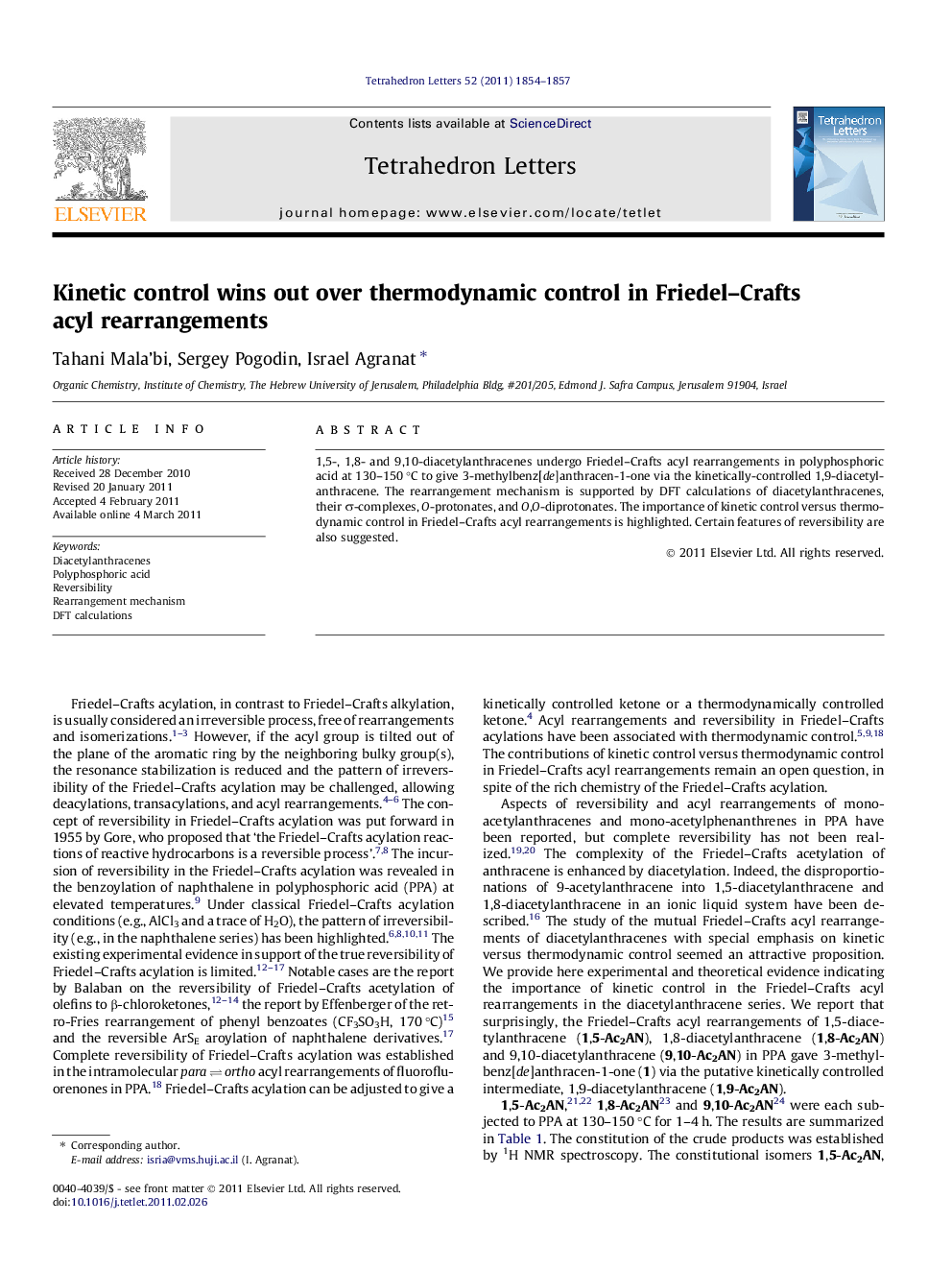 Kinetic control wins out over thermodynamic control in Friedel-Crafts acyl rearrangements