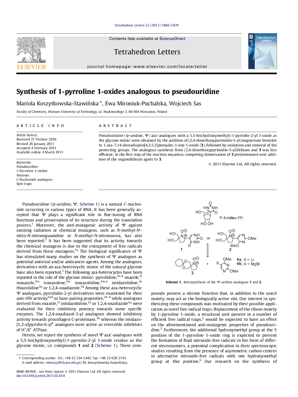 Synthesis of 1-pyrroline 1-oxides analogous to pseudouridine