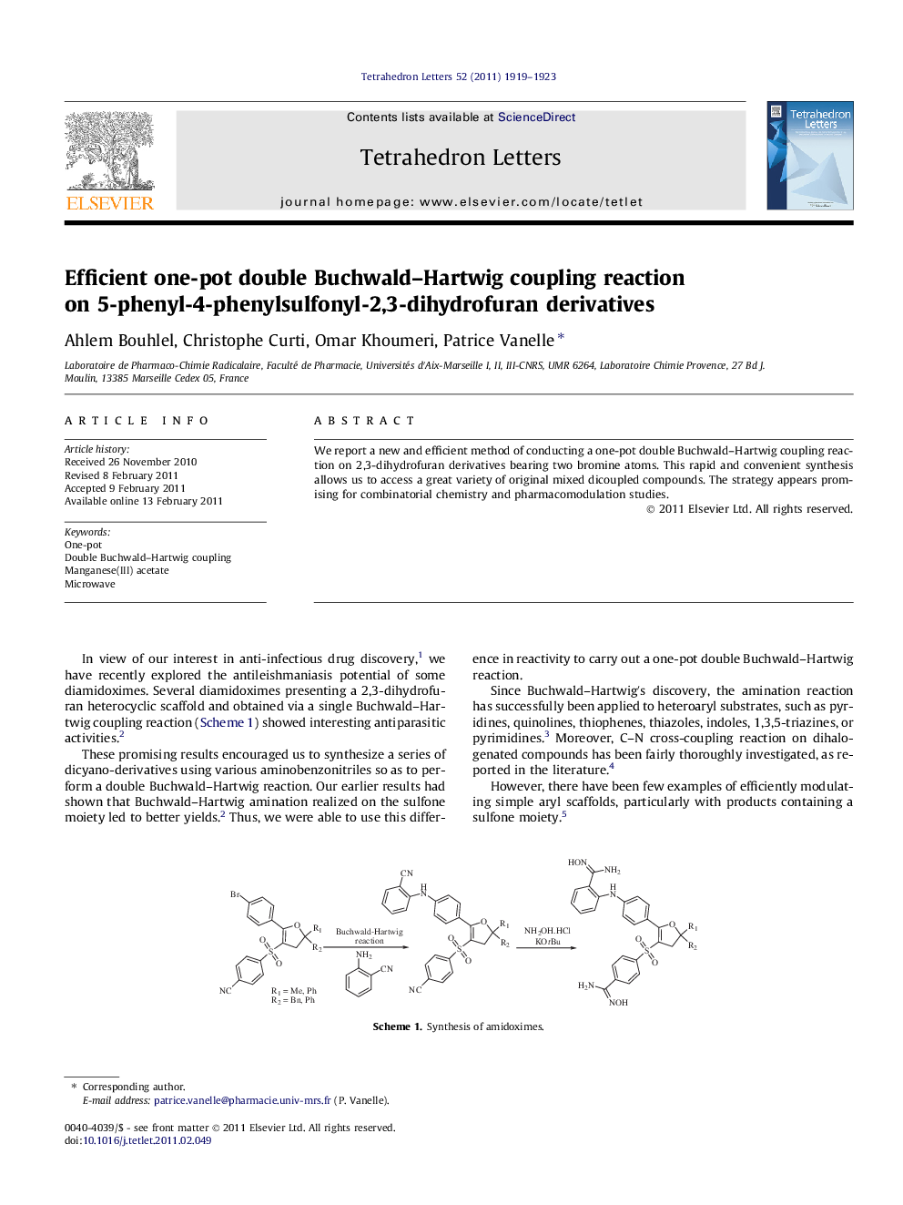 Efficient one-pot double Buchwald-Hartwig coupling reaction on 5-phenyl-4-phenylsulfonyl-2,3-dihydrofuran derivatives