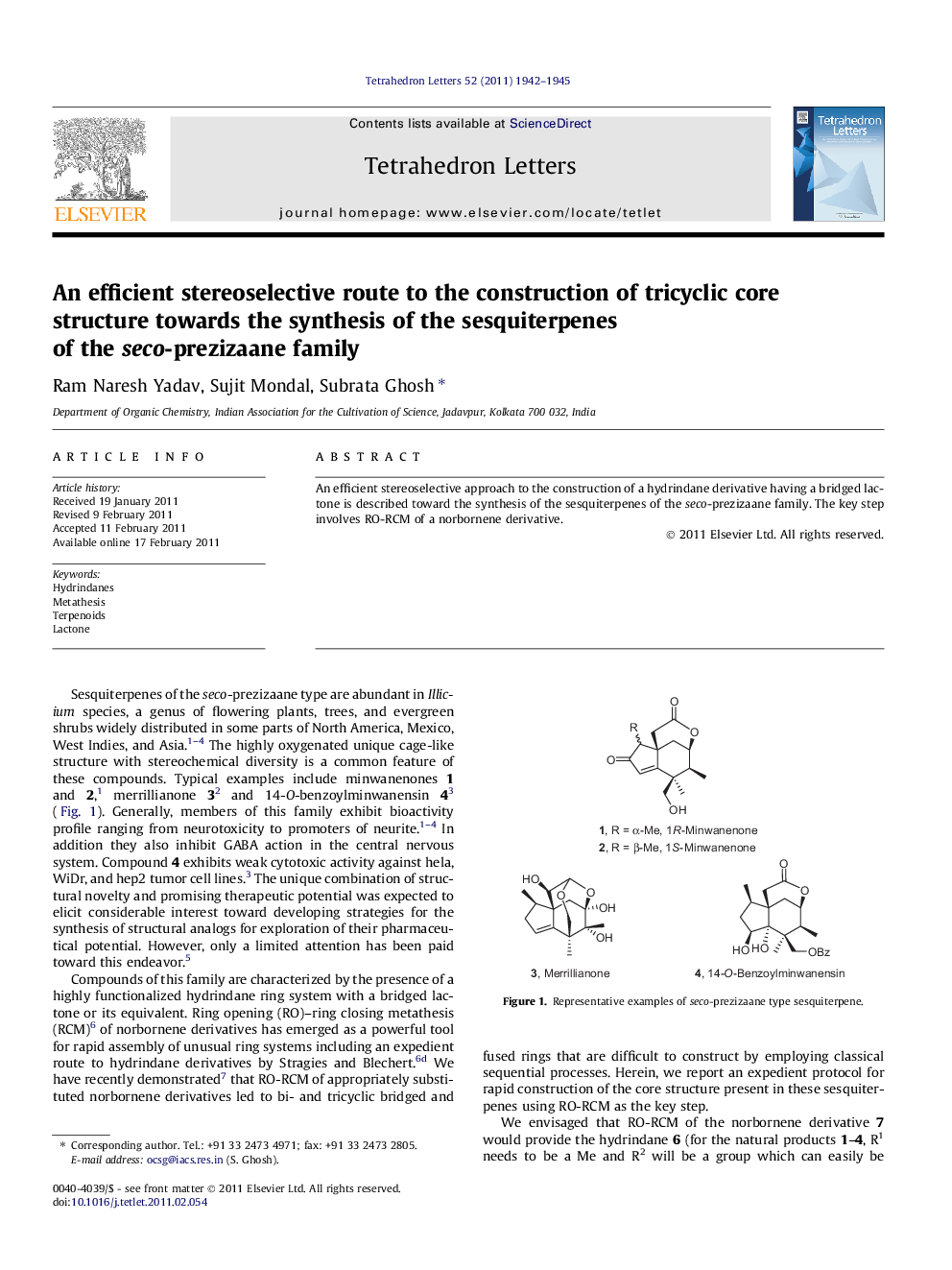 An efficient stereoselective route to the construction of tricyclic core structure towards the synthesis of the sesquiterpenes of the seco-prezizaane family