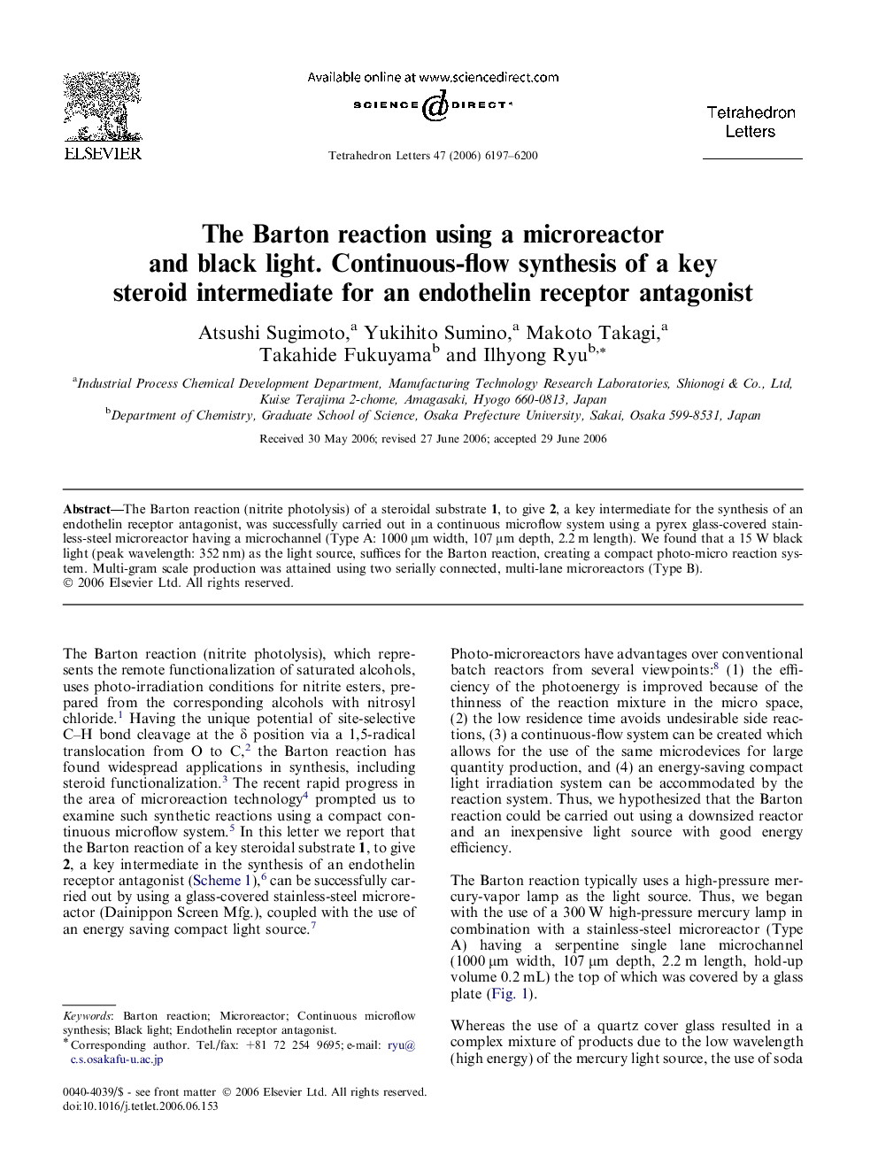 The Barton reaction using a microreactor and black light. Continuous-flow synthesis of a key steroid intermediate for an endothelin receptor antagonist