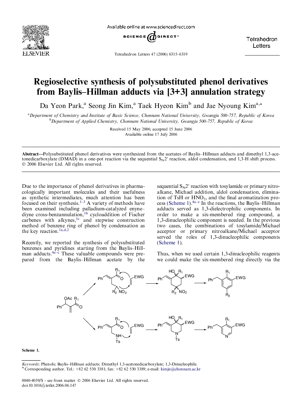 Regioselective synthesis of polysubstituted phenol derivatives from Baylis-Hillman adducts via [3+3] annulation strategy