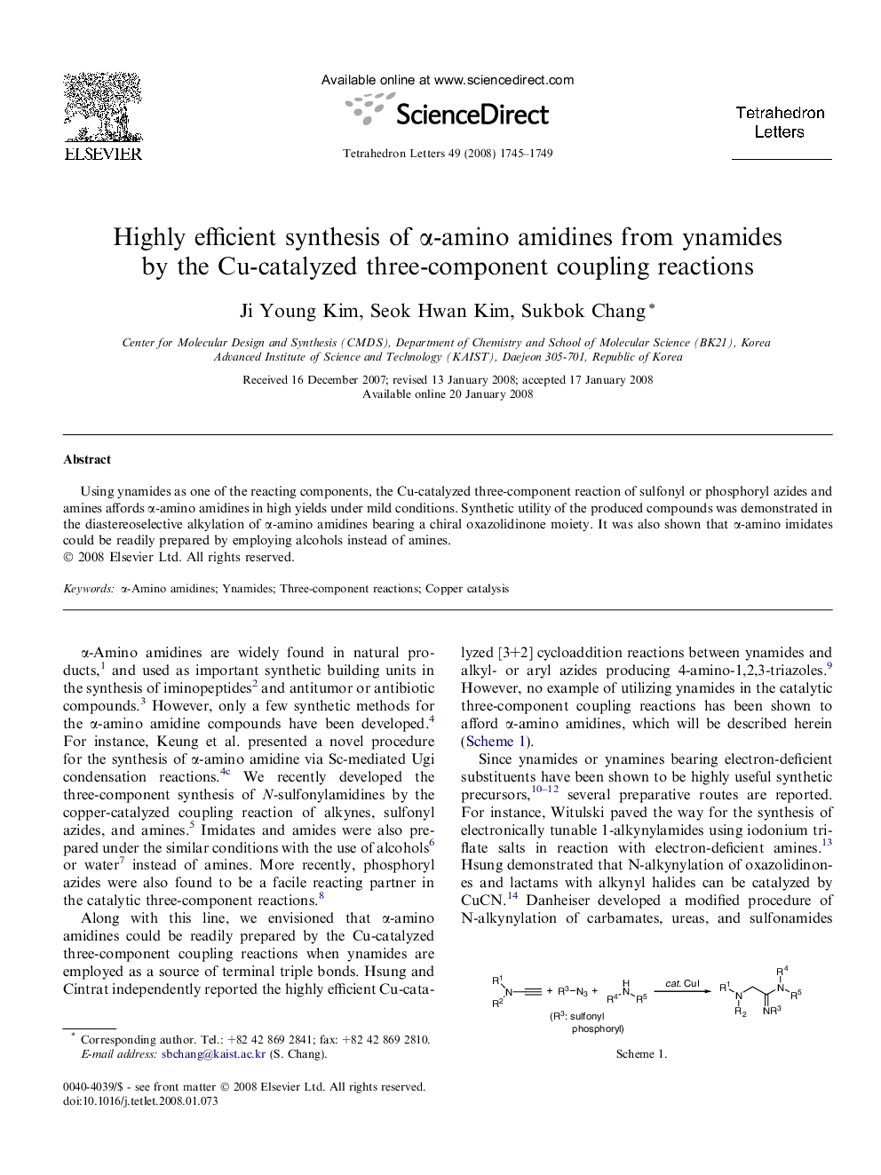 Highly efficient synthesis of Î±-amino amidines from ynamides by the Cu-catalyzed three-component coupling reactions