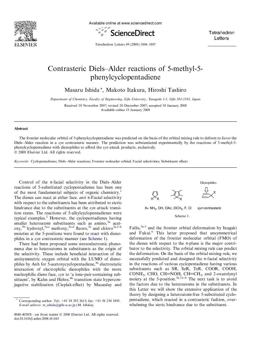 Contrasteric Diels-Alder reactions of 5-methyl-5-phenylcyclopentadiene