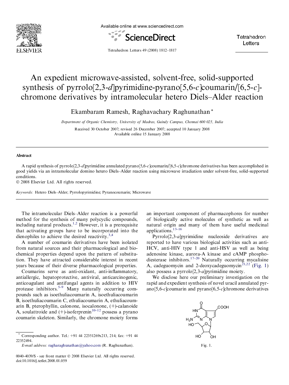 An expedient microwave-assisted, solvent-free, solid-supported synthesis of pyrrolo[2,3-d]pyrimidine-pyrano[5,6-c]coumarin/[6,5-c]chromone derivatives by intramolecular hetero Diels-Alder reaction