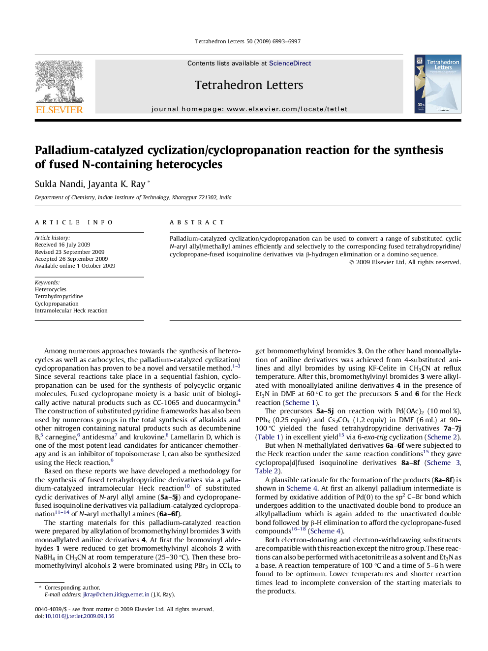 Palladium-catalyzed cyclization/cyclopropanation reaction for the synthesis of fused N-containing heterocycles