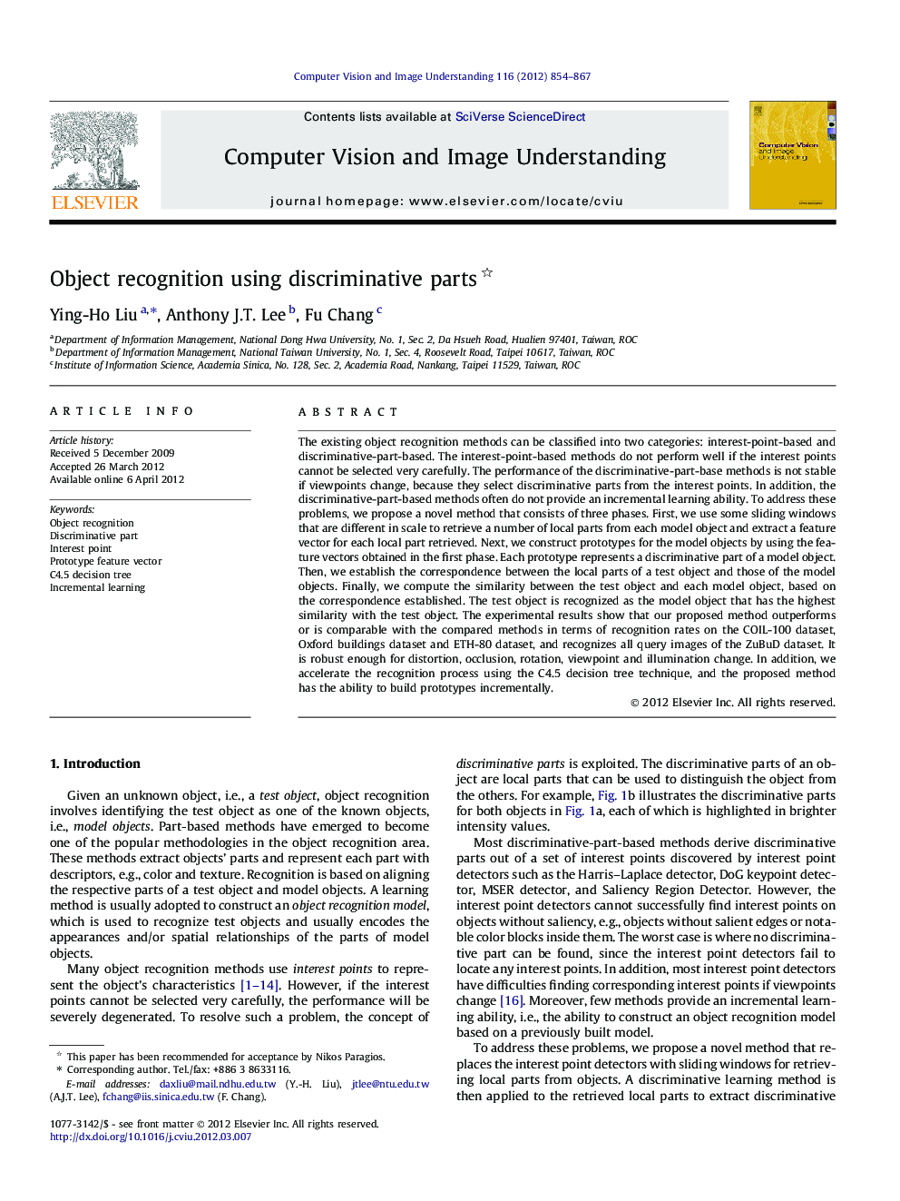 Object recognition using discriminative parts 