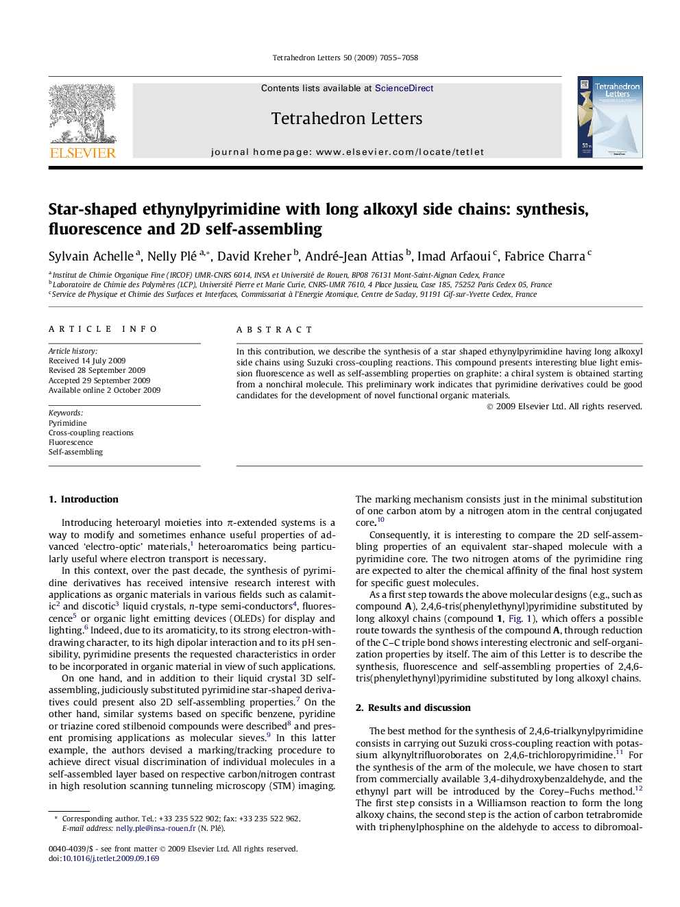 Star-shaped ethynylpyrimidine with long alkoxyl side chains: synthesis, fluorescence and 2D self-assembling