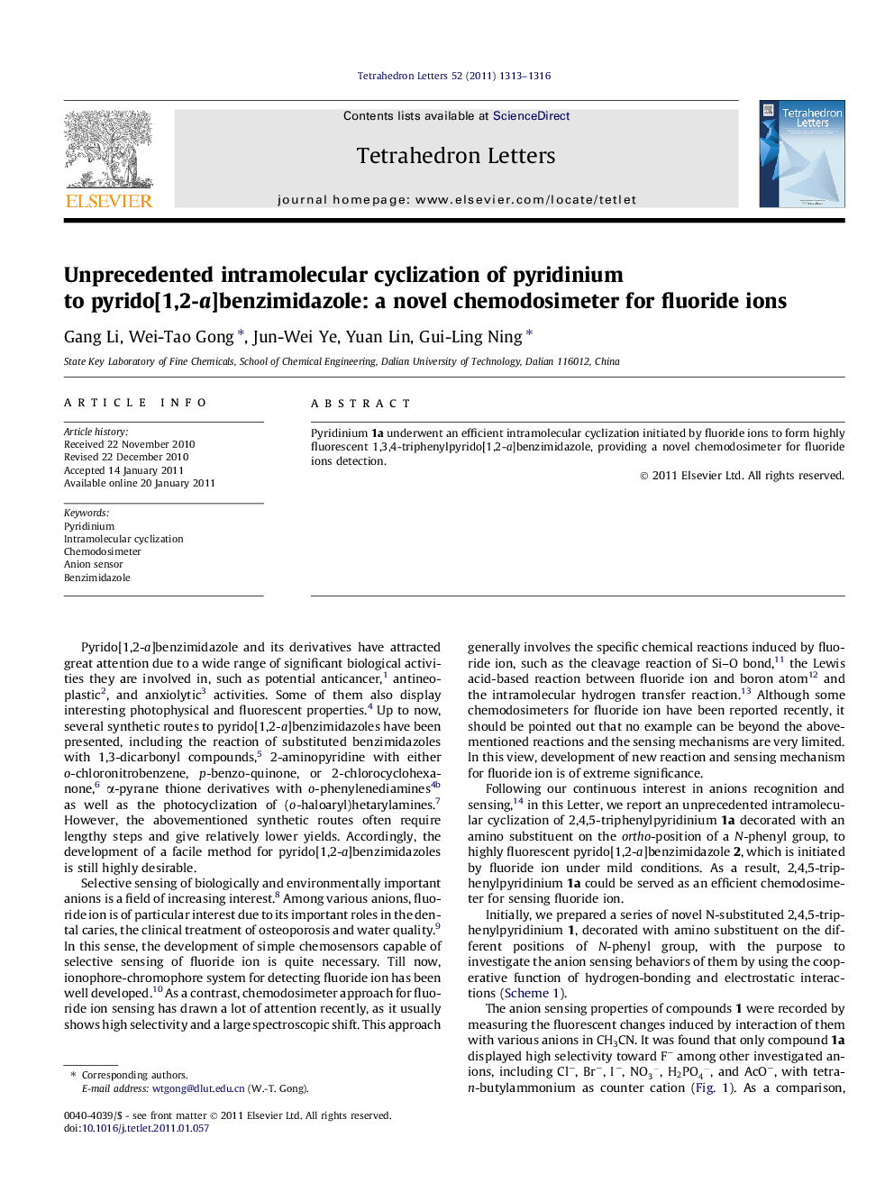 Unprecedented intramolecular cyclization of pyridinium to pyrido[1,2-a]benzimidazole: a novel chemodosimeter for fluoride ions