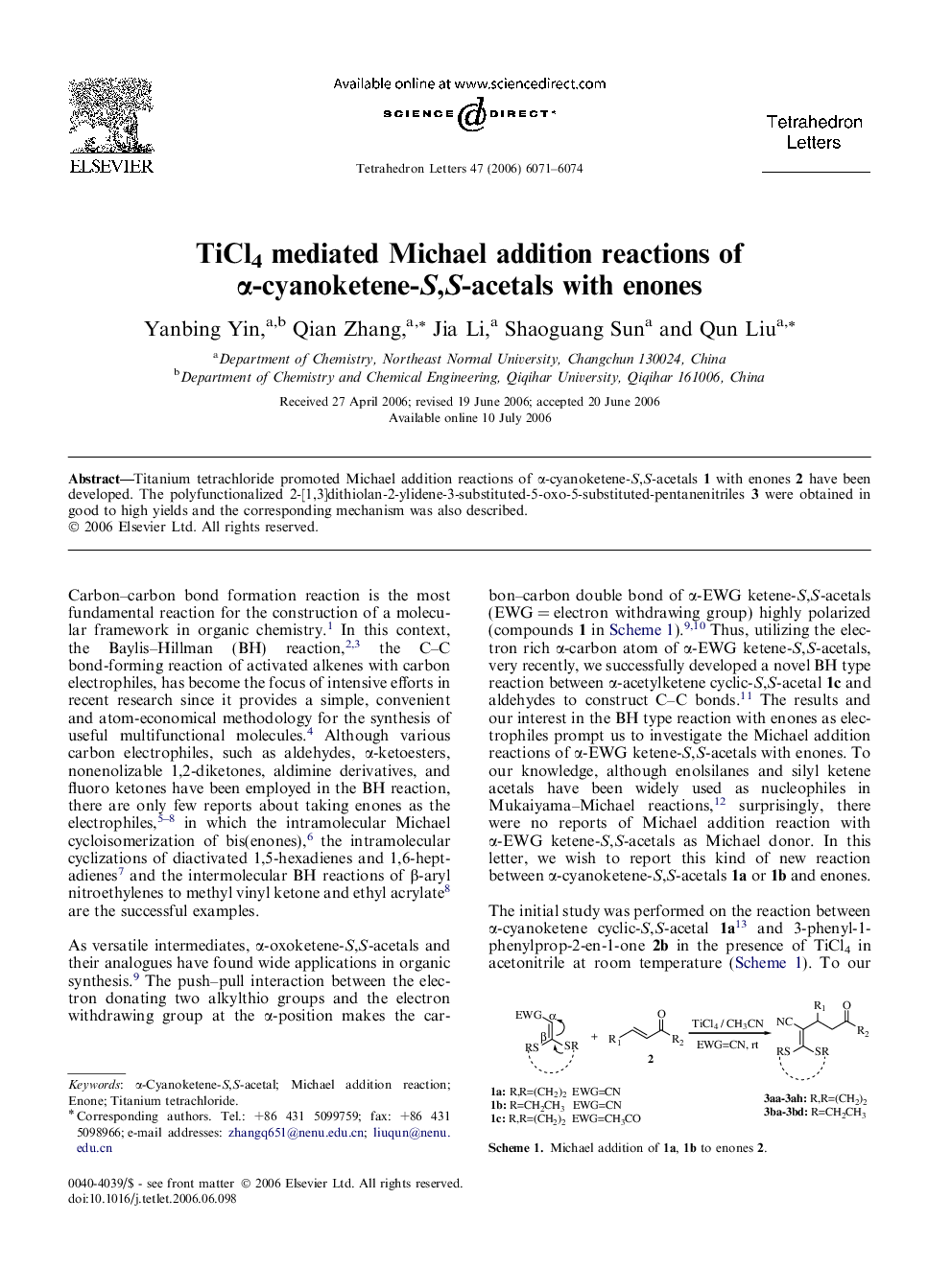 TiCl4 mediated Michael addition reactions of Î±-cyanoketene-S,S-acetals with enones