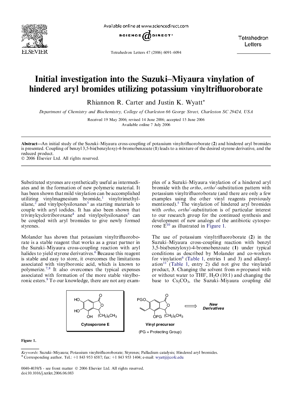 Initial investigation into the Suzuki-Miyaura vinylation of hindered aryl bromides utilizing potassium vinyltrifluoroborate