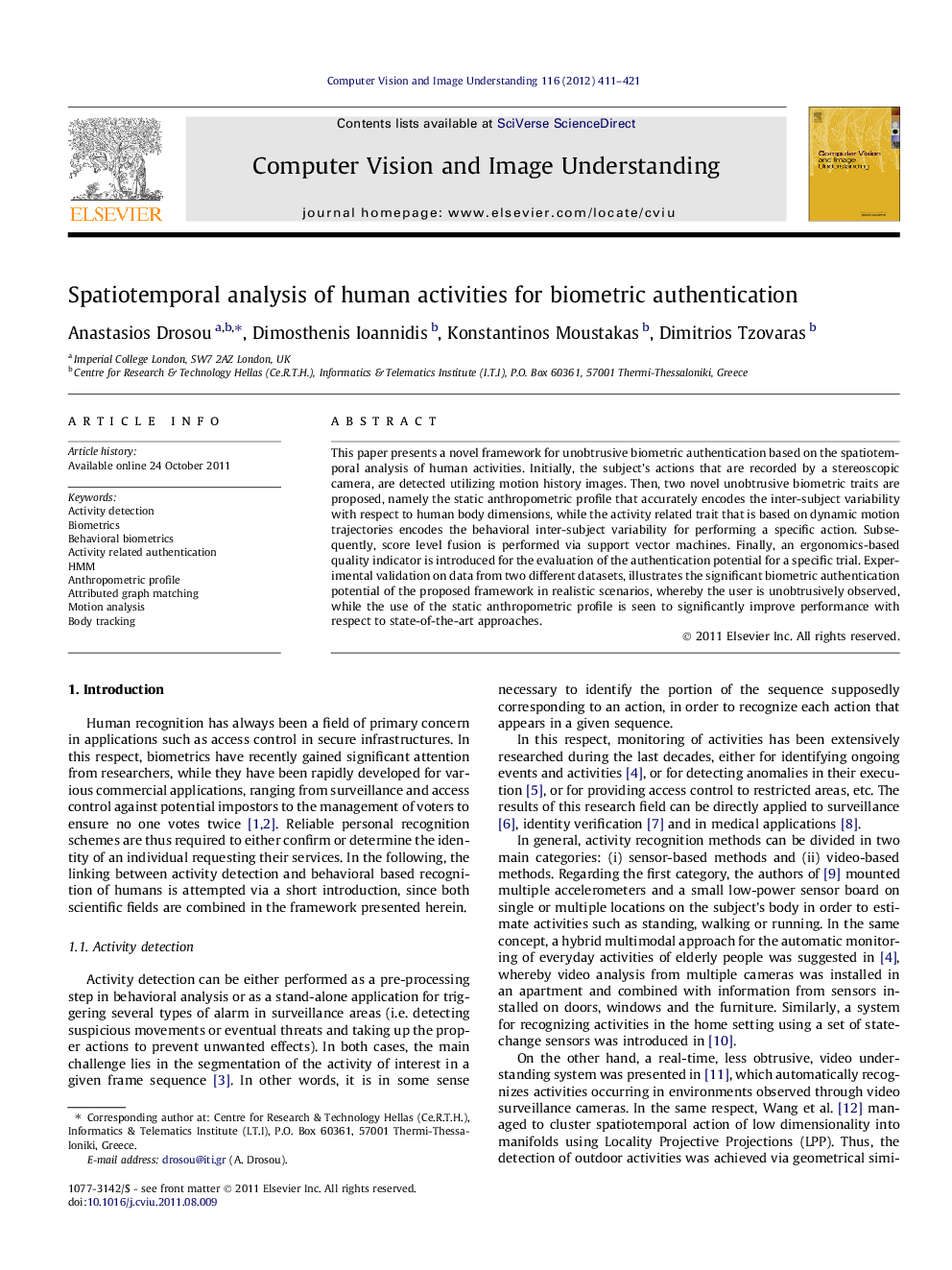 Spatiotemporal analysis of human activities for biometric authentication