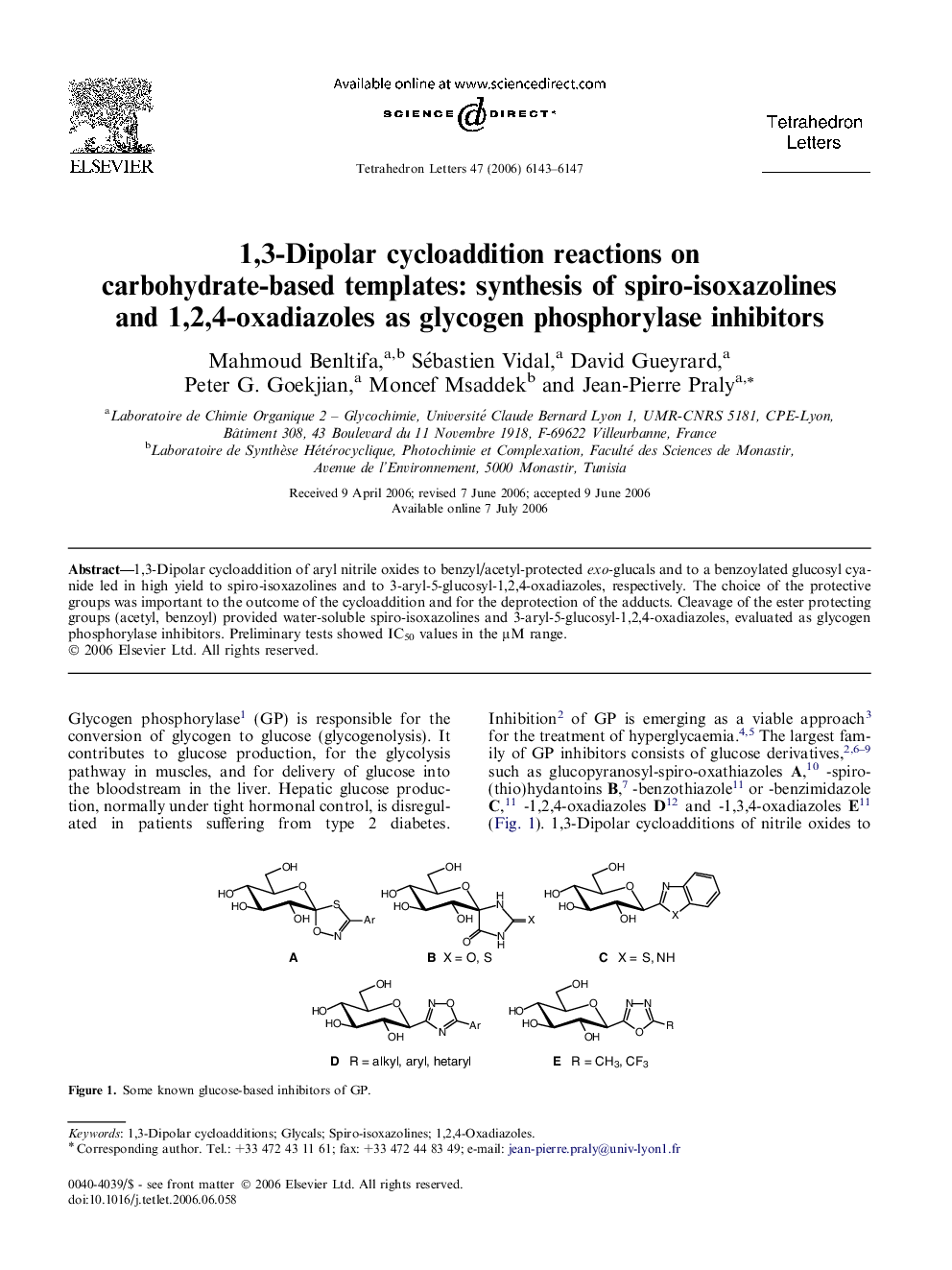 1,3-Dipolar cycloaddition reactions on carbohydrate-based templates: synthesis of spiro-isoxazolines and 1,2,4-oxadiazoles as glycogen phosphorylase inhibitors