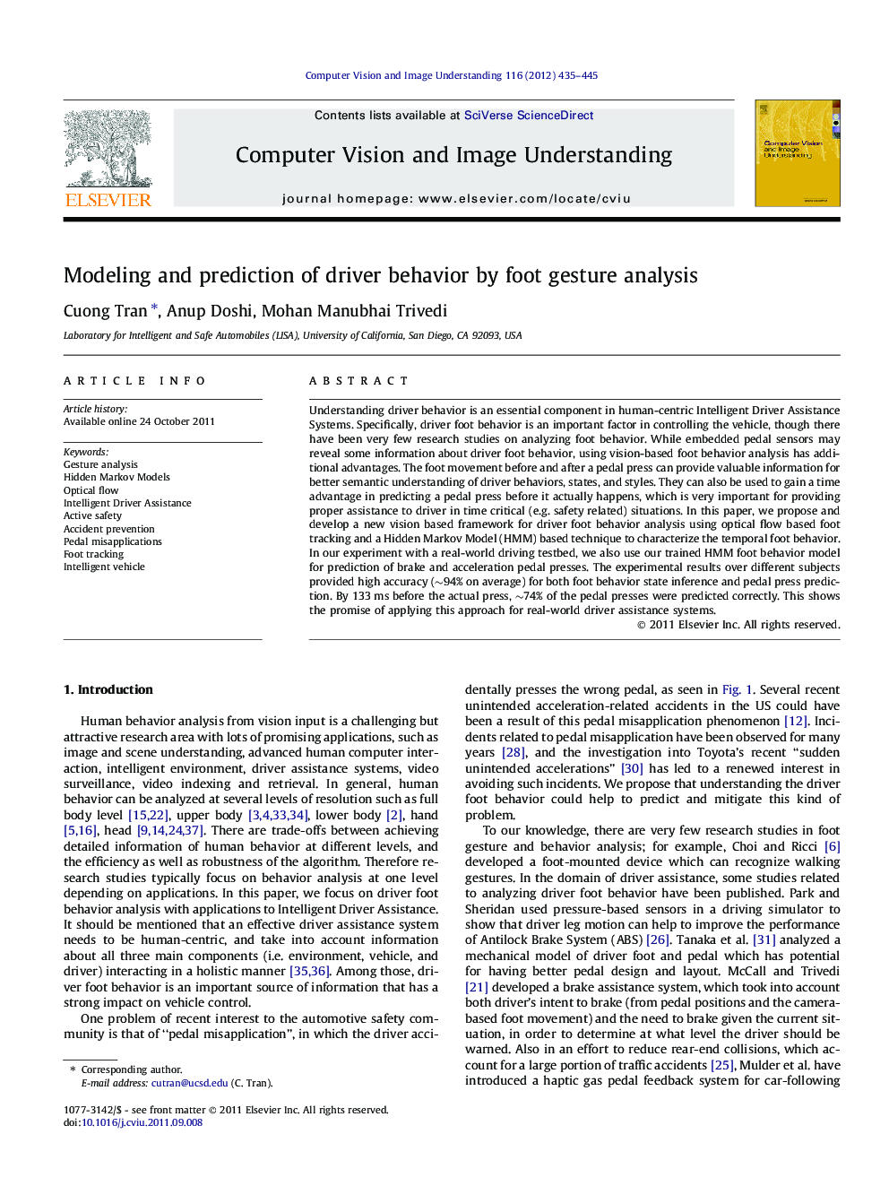 عکس صفحه اول مقاله: Modeling and prediction of driver behavior by foot gesture analysis Modeling and prediction of driver behavior by foot gesture analysis