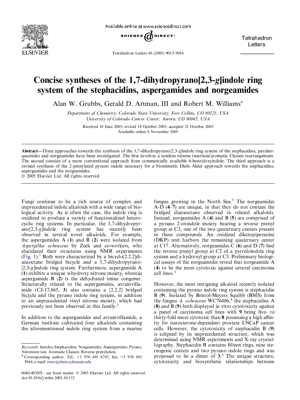 Concise syntheses of the 1,7-dihydropyrano[2,3-g]indole ring system of the stephacidins, aspergamides and norgeamides