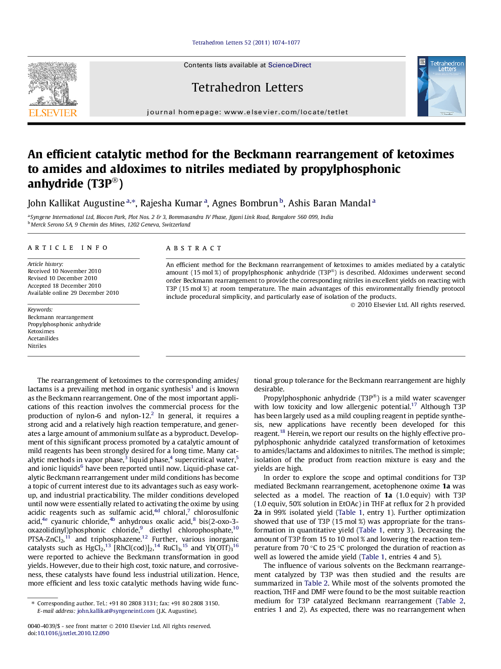 An efficient catalytic method for the Beckmann rearrangement of ketoximes to amides and aldoximes to nitriles mediated by propylphosphonic anhydride (T3P®)