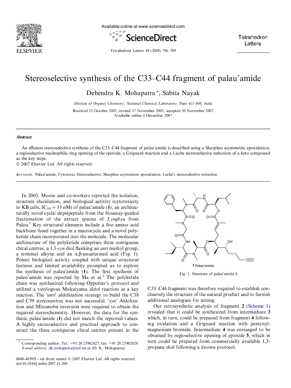 Stereoselective synthesis of the C33-C44 fragment of palau'amide