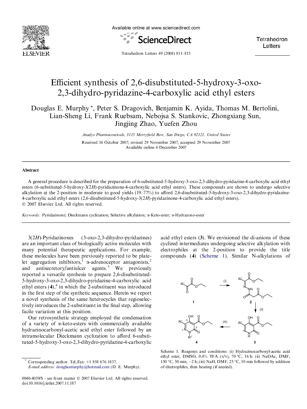 Efficient synthesis of 2,6-disubstituted-5-hydroxy-3-oxo-2,3-dihydro-pyridazine-4-carboxylic acid ethyl esters