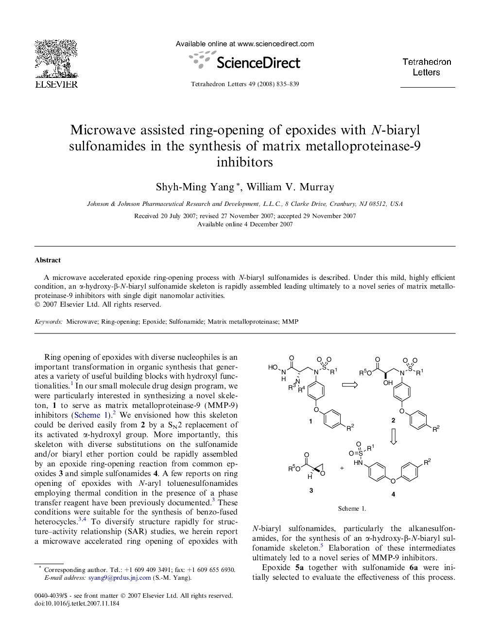 Microwave assisted ring-opening of epoxides with N-biaryl sulfonamides in the synthesis of matrix metalloproteinase-9 inhibitors