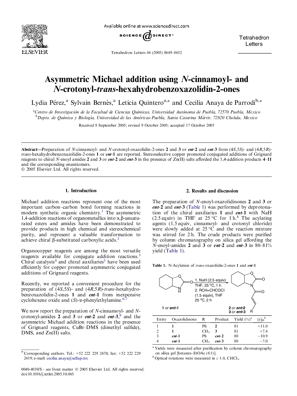 Asymmetric Michael addition using N-cinnamoyl- and N-crotonyl-trans-hexahydrobenzoxazolidin-2-ones